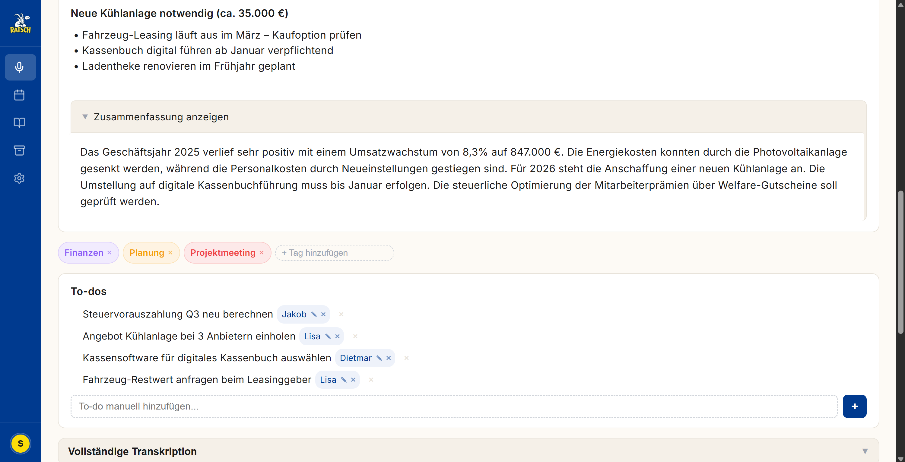 Ratsch Transkriptionsergebnis mit To-dos und Microsoft Integration
