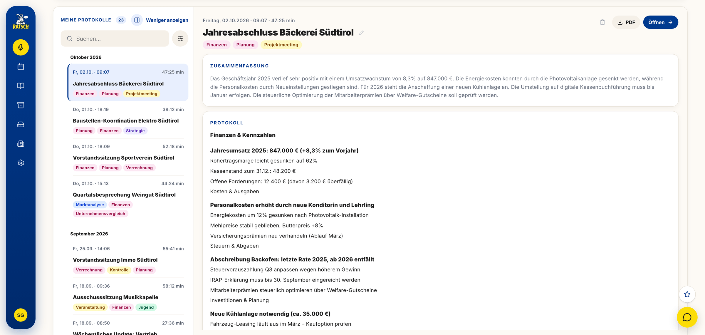 Screenshot der Ratsch App Oberfläche mit Meeting-Transkription und Zusammenfassung