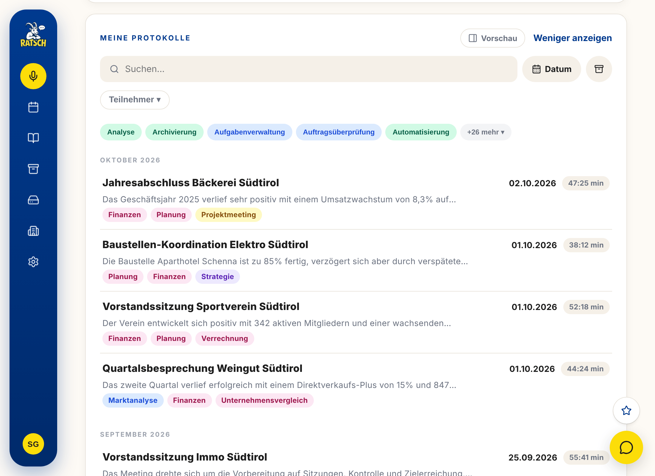 Ratsch Verlauf mit mehreren Sitzungsprotokollen